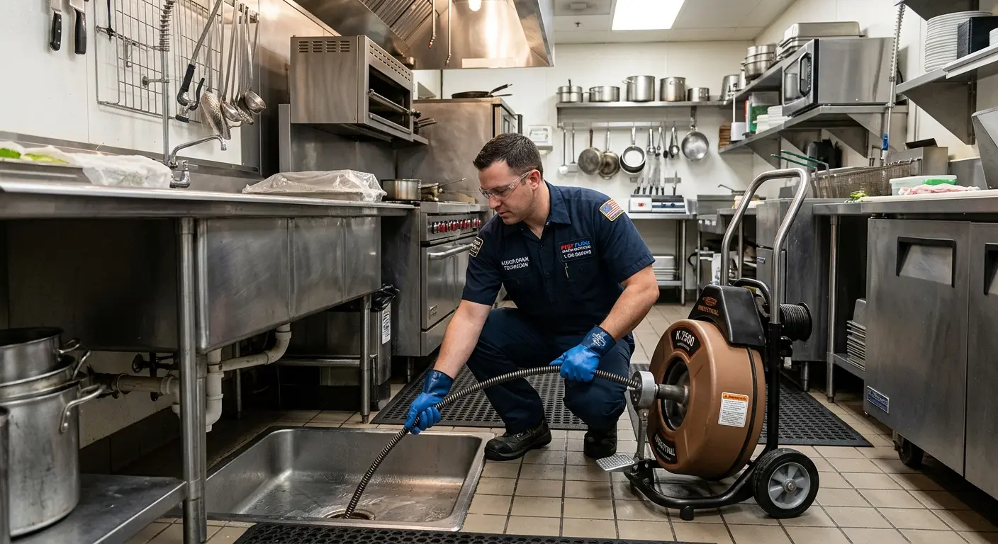 Commercial drain cleaning service in a restaurant kitchen in Westfield