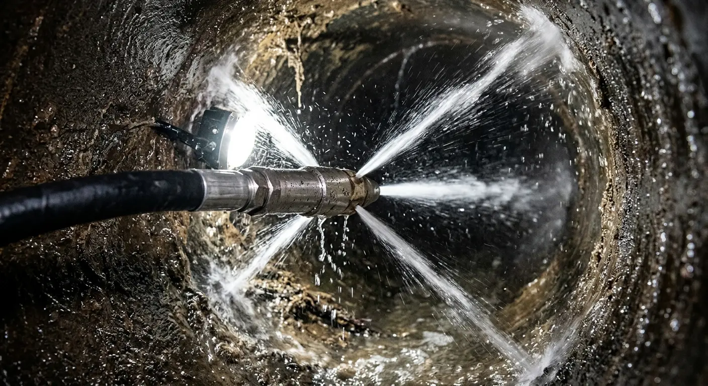 High-pressure hydro jetting nozzle cleaning sewer pipe for Sewer Cleanout in Westfield