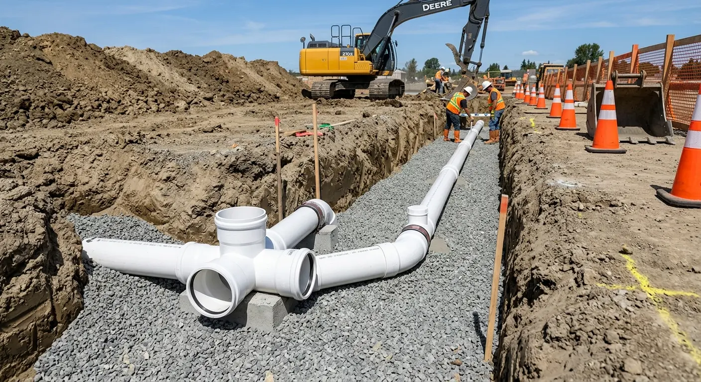 New PVC sewer pipe installation in open trench for Commercial Drain Cleaning in Westfield
