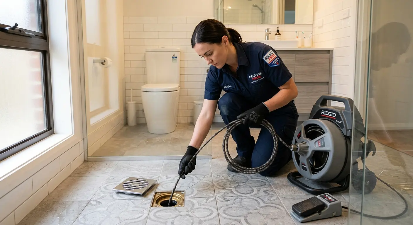 Technician clearing a bathroom floor drain for Clogged Drain Repair in Westfield